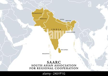 SAARC, member states, political map. The South Asian Association for Regional Cooperation, a regional intergovernmental organization. Stock Photo