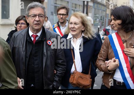 2022 Nobel Literature Prize laureate French novelist Annie Ernaux, President of La France Insoumise LFI Jean-Luc Melenchon during a rally against soaring living costs and climate inaction called by French left-wing coalition NUPES (New People Ecologic and Social Union) in Paris on October 16, 2022 Photo by Raphael Lafargue/ABACAPRESS.COM Stock Photo