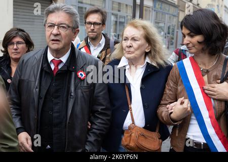 2022 Nobel Literature Prize laureate French novelist Annie Ernaux, President of La France Insoumise LFI Jean-Luc Melenchon during a rally against soaring living costs and climate inaction called by French left-wing coalition NUPES (New People Ecologic and Social Union) in Paris on October 16, 2022 Photo by Raphael Lafargue/ABACAPRESS.COM Stock Photo