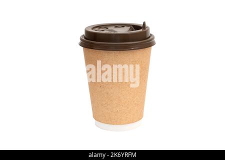 Brown cardboard cup covered by plastic cap, mockup disposable paper mug, front view Stock Photo