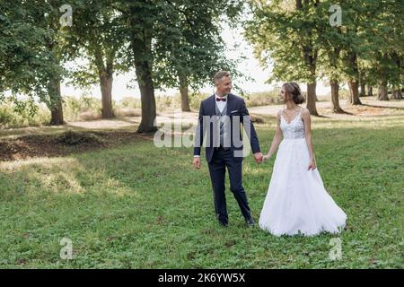 Portrait of happy wedding couple walking on green grass in park in summer. Young attractive woman looking at young man. Stock Photo