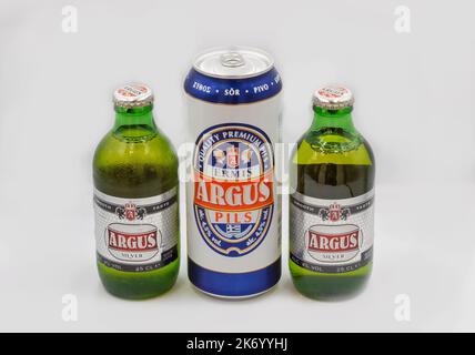 Corfu, Greece - August 02, 2021: Studio shoot of Argus Silver and Ermis beer bottles and can closeup on white. It is a Lidl supermarket own brand beer Stock Photo