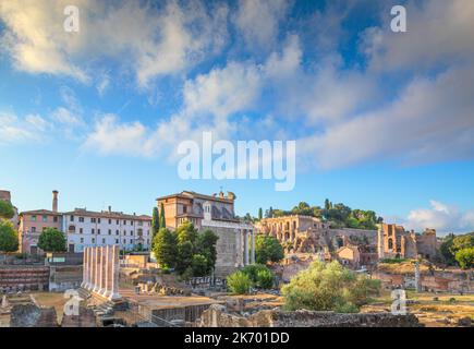 View of the Roman Forum and Palatine Hill from Via dei Fori Imperiali in Rome, Italy. Stock Photo