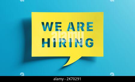 We are hiring speech bubble announcement. Open job vacancies to join our team. Recruitment sign. Human resources and employment. Professional career. Stock Photo