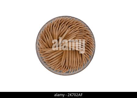 box of wood toothpicks in spiral shape isolated on white background Stock Photo