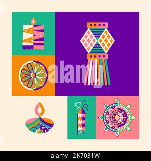 Diwali Flat Color Symbols Stock Vector