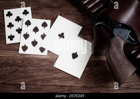 Dead man's hand. Two-pair poker hand consisting of the black aces and black eights, held by Old West gunfighter Wild Bill Hickok when he was murdered Stock Photo