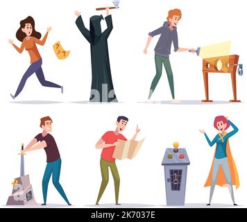 Quest games. Various situations and characters players in quest room exact vector cartoon templates Stock Vector