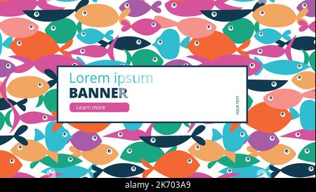 Seamless pattern of bright multi colorful fish of different shapes. Banner for web or print Stock Vector