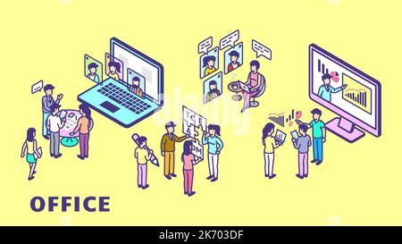 Colorful office characters, isometric business workers and education. Online meeting, teamwork and workflow process. Vector video conference concept Stock Vector