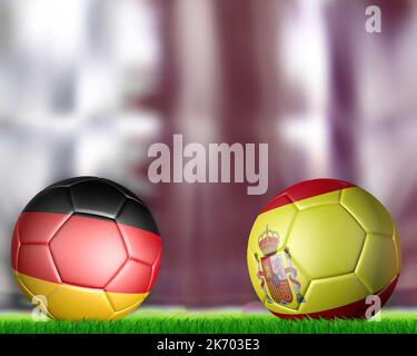 Two soccer balls in flags  Spain and Germany on stadium Stock Photo