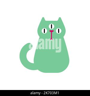 Alien cat with three eyes. Pet green monster from another planet. Stock Vector