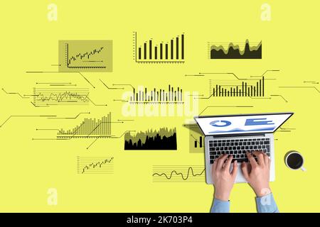 Concept of a businessman working on a laptop and considering different answers Stock Photo