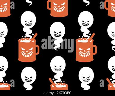 Cup and ghost Pattern seamless. Steam from mug is like phantom Background. halloween texture Stock Vector