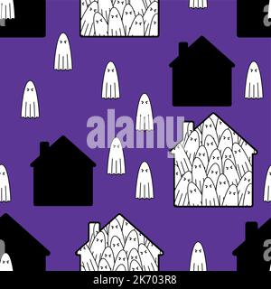 House with ghosts Pattern seamless. ghost in home Background. Halloween texture Stock Vector