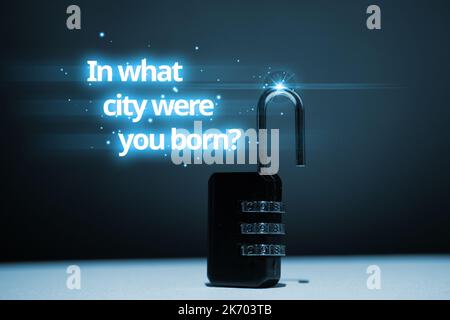Cyber security or code word for password. Hologram Question with lock Stock Photo