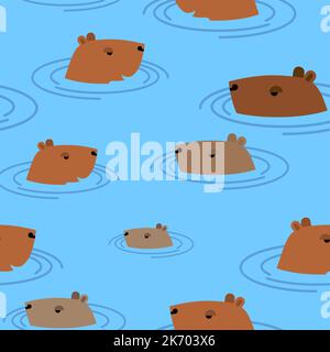Capybara in water Pattern seamless. guinea pig swims Background. Baby fabric texture Stock Vector