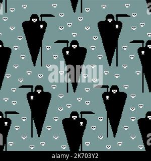 Grim Reaper Pixel art Pattern seamless. 8 bit Death Backgroundl. pixelated Vector texture Stock Vector