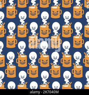 Cup and ghost Pattern seamless. Steam from mug is like phantom Background. halloween texture Stock Vector