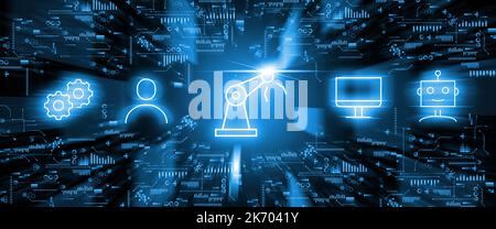 The concept of automatism and the work of artificial intelligence in the form of holographic icons Stock Photo