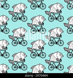 Fish on bike Pattern seamless. Carp on bicycle Cartoon Background. Baby fabric texture Stock Vector