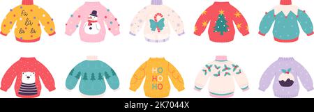 Ugly christmas cozy sweaters. Funny pullover decor snowman, cartoon bear, xmas tree. December holidays clothes, winter racy sweaters vector set Stock Vector
