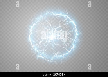 Ball lightning on a light transparent blue background. Vector illustration, abstract electric lightning. Light flash, thunder, spark. Stock Vector