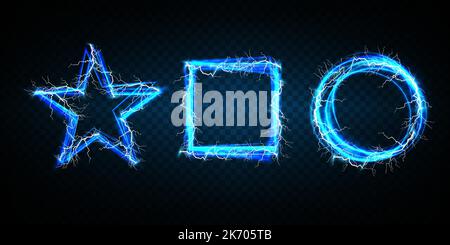 Glowing blue magic light frames, lightning bolts. borders, corners and dividers. Blue star frame, rectangle and oval shining shapes with glitter and Stock Vector