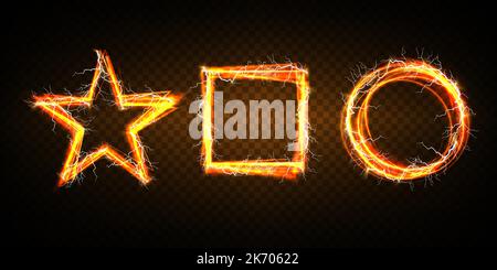 Glowing golden magic light frames, lightning bolts. borders, corners and dividers. Golden star frame, rectangle and oval shining shapes with glitter Stock Vector