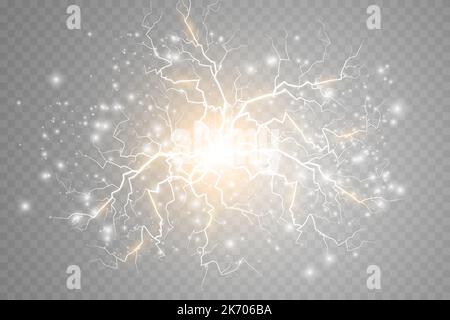 Magic white-gold lightning on a light transparent background. Bright lighting effects with a splash of light dust. Vector illustration. Stock Vector