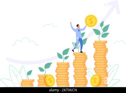 Steps coins growth. Growing savings, increase investment age indian rupee dollar coin growth financial graph target money tree stairs up save business wealth vector illustration of investment success Stock Vector