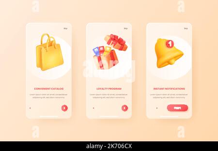 Mobile shop onboarding. Walkthrough instructions steps on ui screen smartphone app 3d template, digital purchase concept online buying, path web slide card kit vector illustration of ui app Stock Vector
