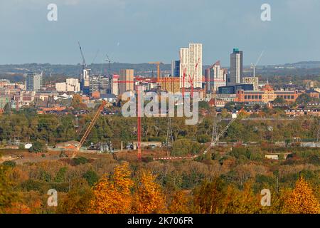 A view of Leeds City Centre with the arena quarter cluster of buildings that keeps on growing and filling the skyline. Stock Photo