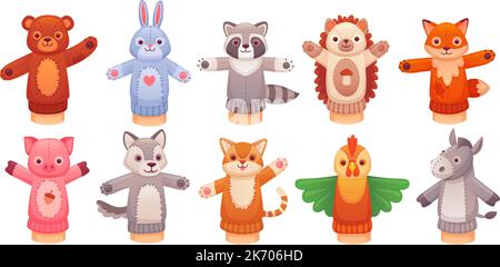 Hand puppet toys. Funny animal toy from sock for doll show theatre of puppeteers, children play hands or finger in kindergarten teddy bear fox rabbit, vector illustration of theater show puppets Stock Vector