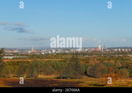A view of Leeds City Centre taken from Rothwell Country Park.Bridgewater Place (tall building left) Altus House (white building right) Stock Photo