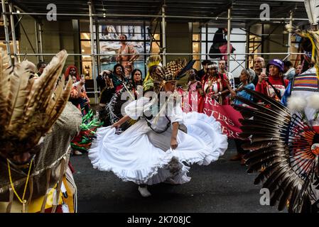 New York, New York, USA. 15th Oct, 2022. Native peoples participate in the first annual Indigenous Peoples of the Americas parade in New York City, New York, U.S. October 15, 2022. (Credit Image: © Stephanie Keith/ZUMA Press Wire) Stock Photo