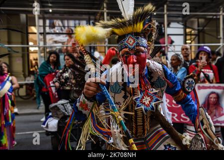 New York, New York, USA. 15th Oct, 2022. Native peoples participate in the first annual Indigenous Peoples of the Americas parade in New York City, New York, U.S. October 15, 2022. (Credit Image: © Stephanie Keith/ZUMA Press Wire) Stock Photo