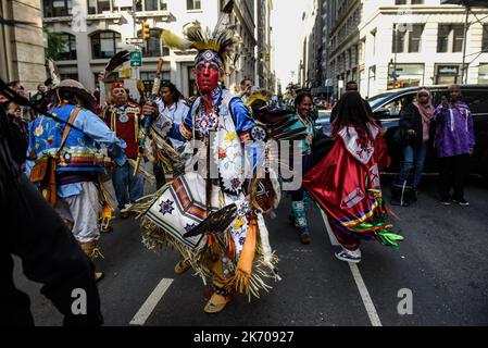 New York, New York, USA. 15th Oct, 2022. Native peoples participate in the first annual Indigenous Peoples of the Americas parade in New York City, New York, U.S. October 15, 2022. (Credit Image: © Stephanie Keith/ZUMA Press Wire) Stock Photo