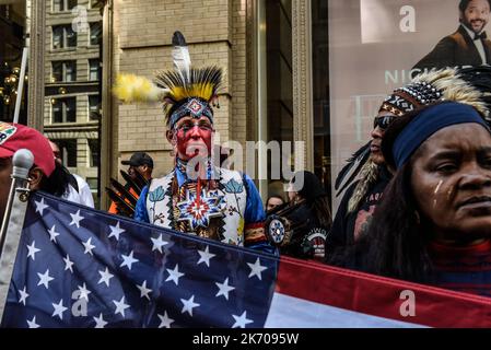 New York, New York, USA. 15th Oct, 2022. Native peoples participate in the first annual Indigenous Peoples of the Americas parade in New York City, New York, U.S. October 15, 2022. (Credit Image: © Stephanie Keith/ZUMA Press Wire) Stock Photo