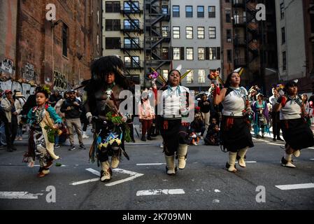 New York, New York, USA. 15th Oct, 2022. Native peoples participate in the first annual Indigenous Peoples of the Americas parade in New York City, New York, U.S. October 15, 2022. (Credit Image: © Stephanie Keith/ZUMA Press Wire) Stock Photo