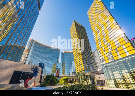 Las Vegas, Nevada, USA - October 1, 2021    Luxury Mandarin Oriental Residences, and Aria Resort and Casino in Downtown Las Vegas. Modern architecture Stock Photo