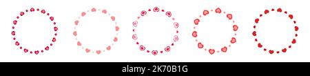 Set of round frames with hearts and flowers. Collection of templates for Valentine day card, wedding invitation, photo, picture, banner, sticker. Vector flat illustration Stock Vector