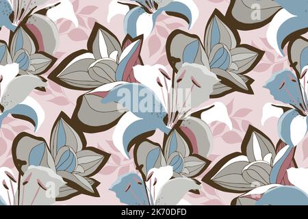 Vector floral seamless pattern with lilies on a pink pastel background. Stock Vector