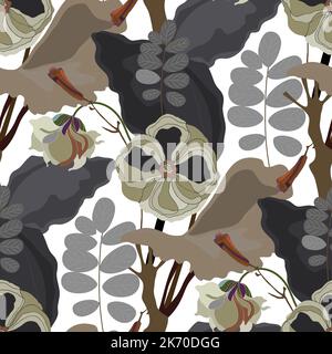 Vector floral seamless pattern. Light green flowers with black and gray leaves on a white background. Stock Vector