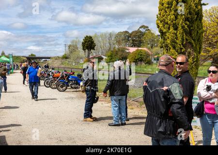 Orange motorcycle club for classic and cafe racer bikes assemble in Millthorpe village, a heritage town village, New South Wales,Australia,spring day Stock Photo