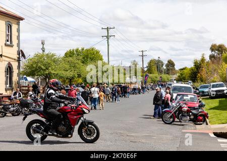 Orange motorcycle club for classic and cafe racer bikes assemble in Millthorpe village, a heritage town village, New South Wales,Australia,spring day Stock Photo