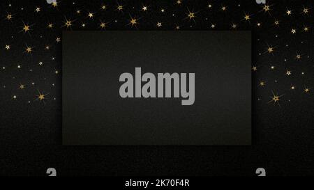 merry christmas concept, black blank ticket isolated on sparkle texture background with golden shiny stars, greeting card ticket top view, template, b Stock Photo