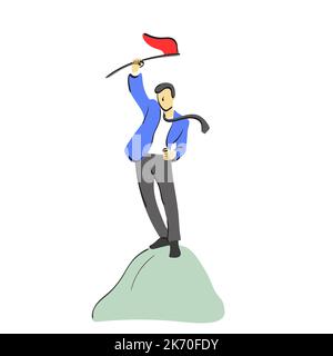 businessman holding red flag on the top of the mountain illustration vector hand drawn isolated on white background line art. Stock Vector