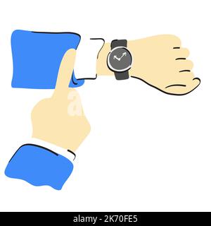 Businessman pointing at hand watch om his wrist illustration vector hand drawn isolated on white background Stock Vector
