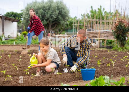 Teenager girl with her father watering plants at farm Stock Photo